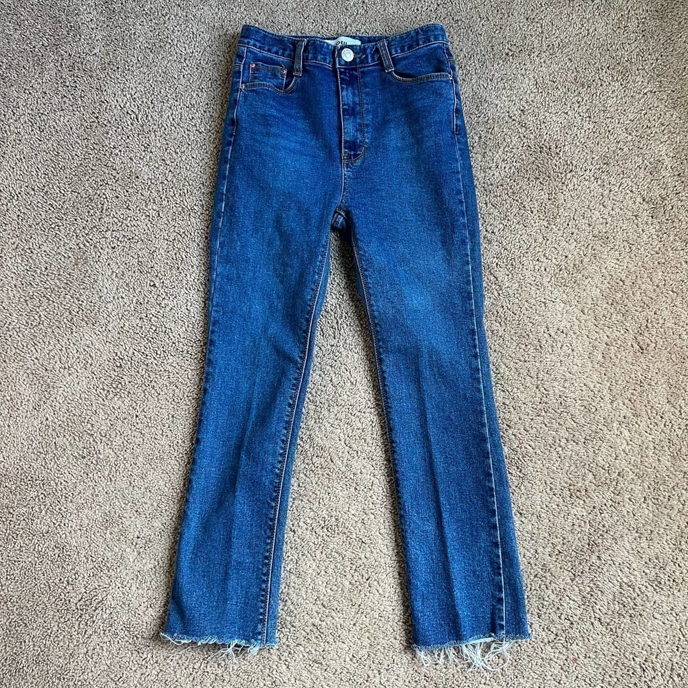 L'OEIL Studio Medium Wash Straight Crop High Rise Fray Hem Jeans Women's Large